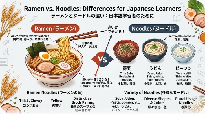 白い器に分けて並べた中華麺、蕎麦、うどん、スパゲッティの四種類の麺を真上から撮影した比較写真