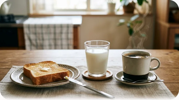 トースト、目玉焼き、シリアル、オレンジジュース、コーヒーが並んだ西洋式朝食を真上から撮影した写真