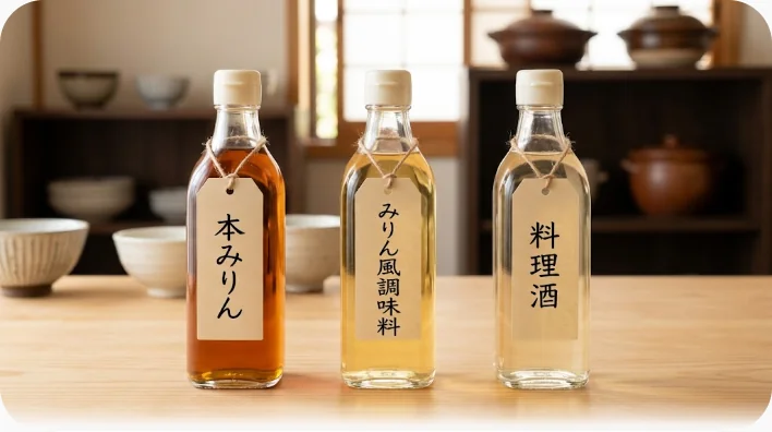 木の棚に並ぶ3本の異なる日本の液体調味料のボトル。琥珀色から透明まで色調が違う