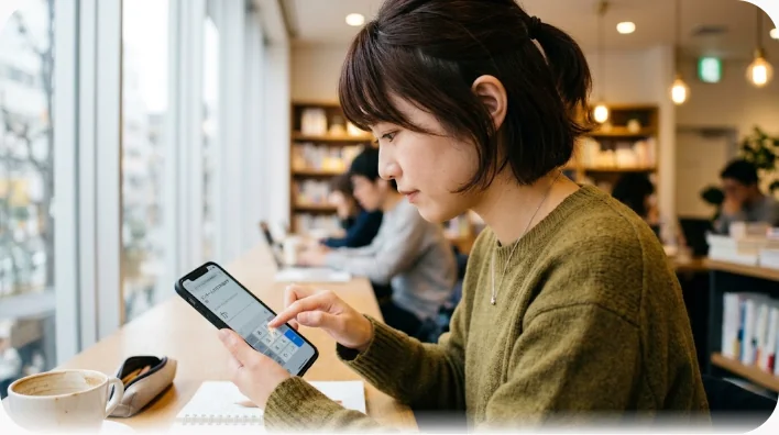 カフェでスマートフォンのダイヤル画面を指でなぞりながら電話番号を解読する学習者