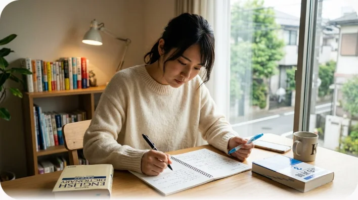 カフェのテーブルで、学習者がノートに英語の買い物フレーズを書き込んでいる様子