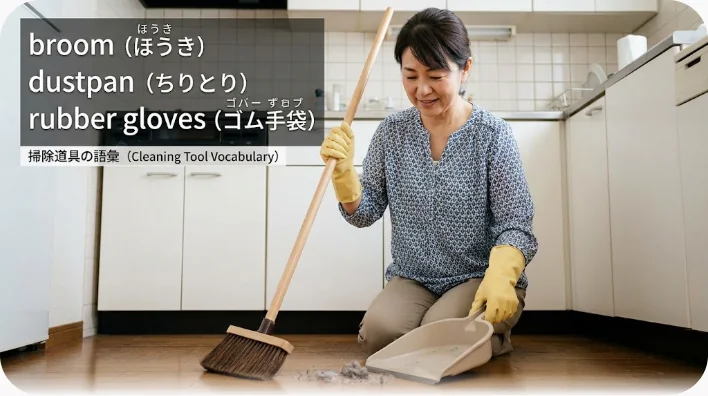 木の床に並べられたほうき、ちりとり、モップ、バケツ、ゴム手袋、スポンジなどの掃除道具