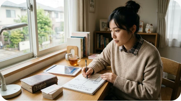 カフェのカウンターで日本人の客が片手を軽く挙げて店員に声をかけている場面