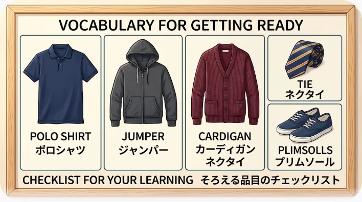 木のテーブルに並べられたイギリスの学校制服の品目。グレーのスカートとトラウザーズ、白いポロシャツ、紺のニット、えんじのカーディガン、スクールタイ、赤いギンガムのサマードレス、黒い革靴と布製運動靴