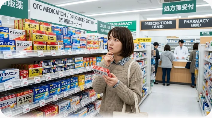 欧米のドラッグストアで市販薬の箱やシロップ、塗り薬が整然と並ぶ棚