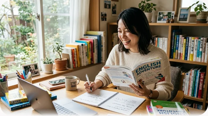 木製のデスクに置かれた英語学習ノート、鉛筆、付箋、マグカップを真上から写した写真