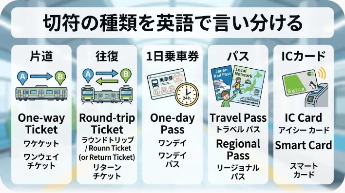 木のテーブルに並べられた大きさの異なる紙の鉄道切符、乗り放題パスの冊子、チャージ式の交通カード、硬貨と紙幣、折りたたんだ路線図