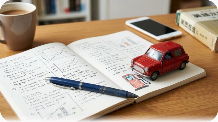 机の上に開かれた英語ノートと辞書、鉛筆、小さなおもちゃの車が並ぶ学習風景