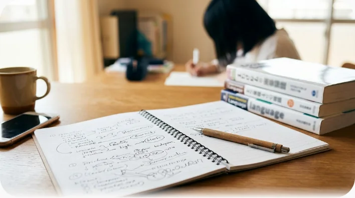 開いたノート、シャープペンシル、付箋、単語カード、辞書が並んだ学習机の俯瞰