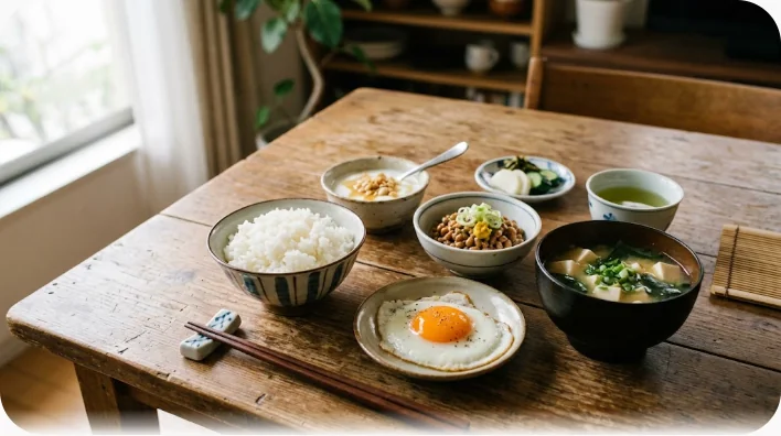 トースト、目玉焼き、白ごはん、味噌汁、納豆、コーヒー、オレンジジュース、ヨーグルトが木のテーブルに真上から並べられた朝食のフラットレイ