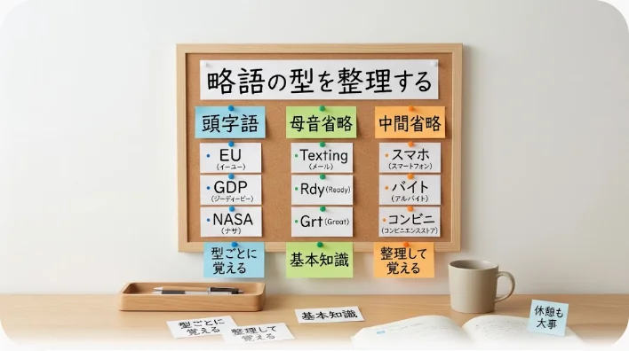淡いグレーのデスクに置かれた開いたノート、黄色と青の付せん、シャープペンシル、扇状に広げた単語カードを俯瞰でとらえた学習道具の写真