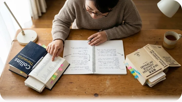 机の上に開かれた英語の類義語辞典と英和辞典、語彙マップを書いたノートと鉛筆