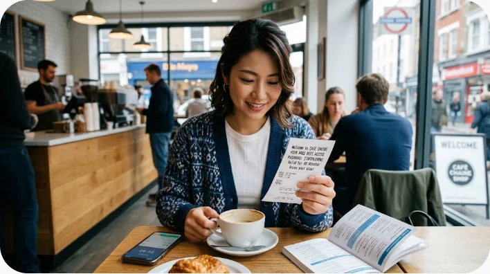 カフェのカウンターで店員がレシートの下部を指し示し、日本人客がスマートフォンを持って確認している場面