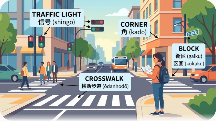 信号機と横断歩道のある交差点を歩行者の目線から見た風景。奥へまっすぐ通りが続いている