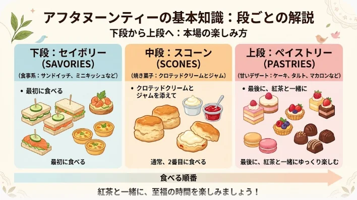 キュウリとサーモンのフィンガーサンドイッチ、クロテッドクリームとジャムを添えたスコーン、小さなタルトとムースケーキの三皿を左から順に並べた写真