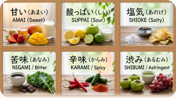 レモン、蜂蜜、海塩、ダークチョコレート、赤唐辛子、緑茶が並び味の種類を表した静物