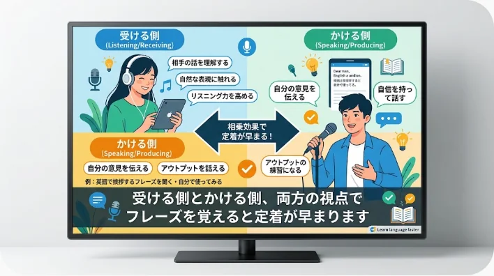 デスクランプの下でフレーズ表を手に持ち、受話器を使って音読練習をする日本人女性