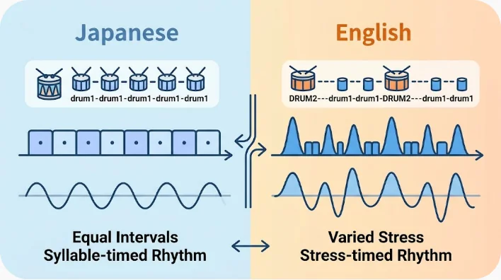 同じ大きさの点が等間隔に並ぶ日本語のリズムと、大小の点が波を作る英語のリズムを左右で比較した概念図
