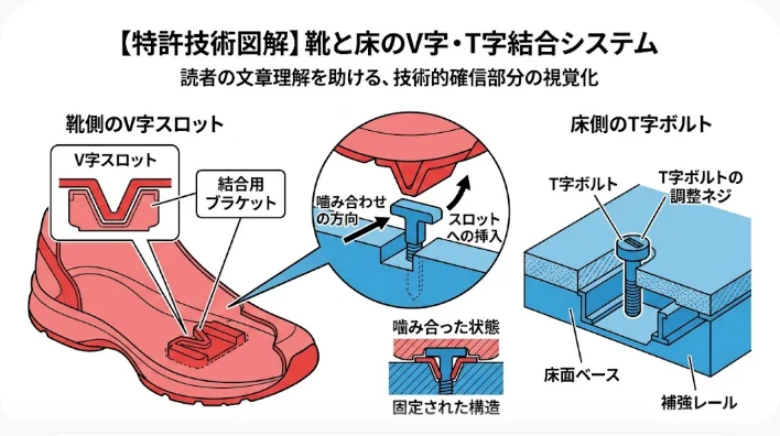 革靴のかかと下面にあるV字型の金属スロットと、ステージ床から突き出すT字型ボルトの噛み合わせを示した断面図風の技術イラスト