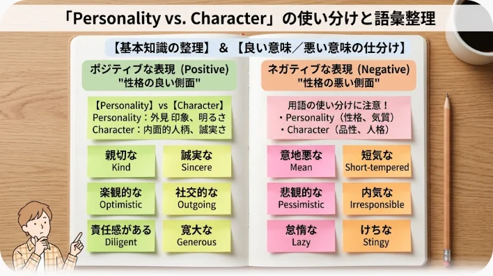 白いデスクの上で開いたノートとパステル色の付箋が2列に整理されている真上からの学習風景