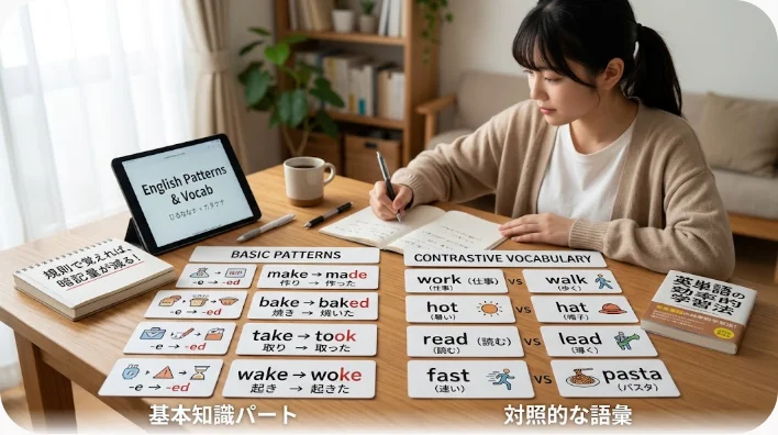 真上から見た学習机に辞書と二列に整理されたインデックスカードが並ぶイラスト