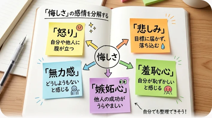 学習デスクの上に開いたノートと5色の付箋が一列に並べられ、感情の分類を整理する様子を示した写真