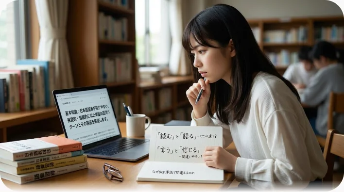 カフェのテーブルで手書きの語彙ノート2ページを見比べる東アジア系の大人の学習者
