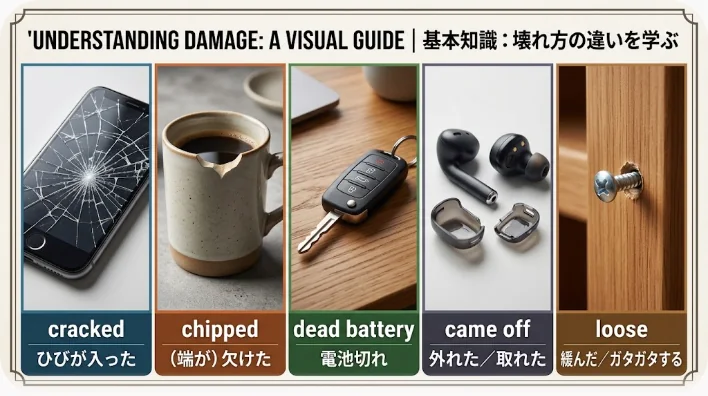 縁の欠けたマグカップ、画面にひびの入ったスマートフォン、電池を抜いたリモコン、取れたボタン、ゆるんだネジを机に並べた俯瞰写真
