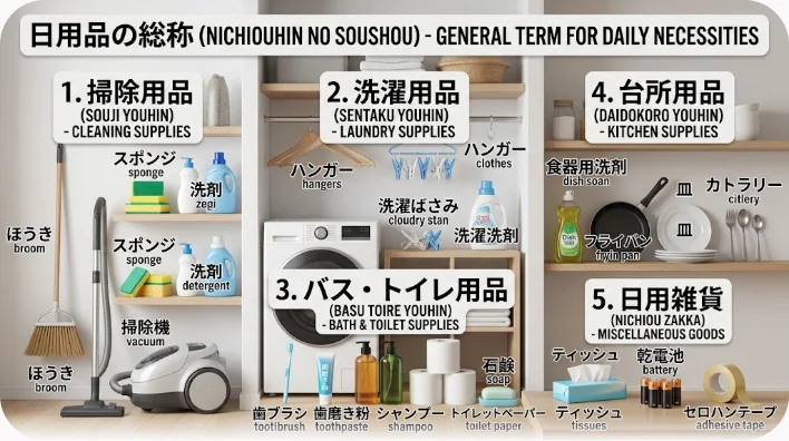 木のテーブルに石けん、スプレーボトル、タオル、スポンジ、綿棒などの日用品が整然と並べられた俯瞰写真