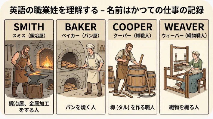 中世イングランドの村で鍛冶屋、パン職人、樽職人、織工がそれぞれ働いている情景