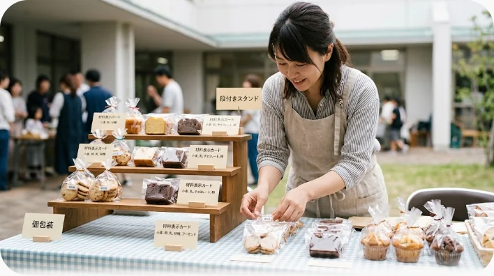 個包装されたブラウニーとクッキーが段付きスタンドに並び、材料表示カードとキャッシュボックスが置かれたベークセールの陳列台