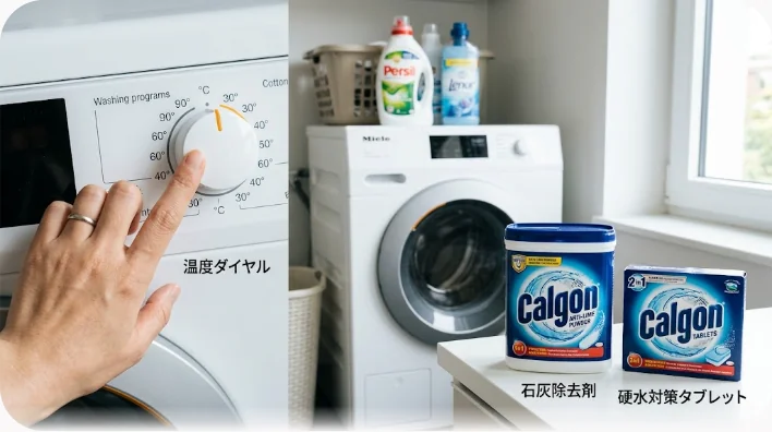 タイル張りの洗濯室にあるヨーロッパ式ドラム式洗濯機と、棚に並んだ洗剤・柔軟剤・石灰除去剤のボトル