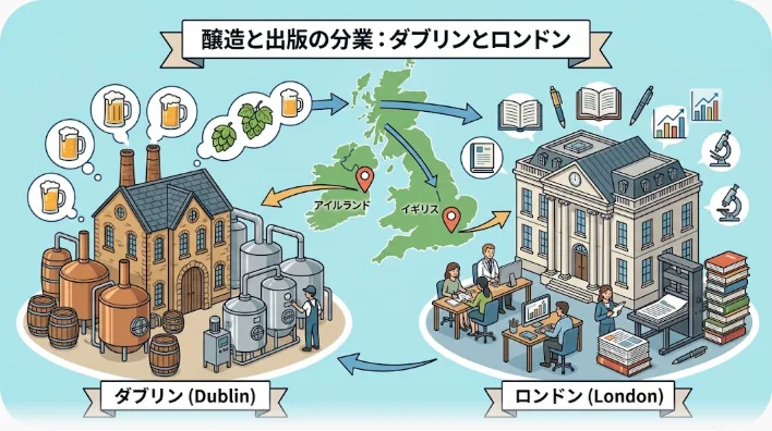 左にアイルランドの赤レンガ造りの醸造所、右にロンドンの出版社の建物が並び、両者が光の流れで結ばれた図解イラスト