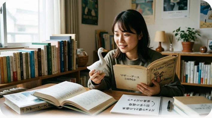 肘掛け椅子に座った年配の女性が挿絵入りの童謡集を読み聞かせ、ラグに座った孫娘が笑顔で聞いている居間の様子