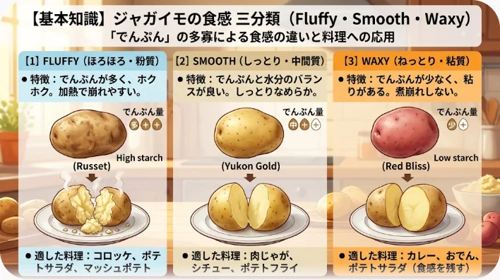 木のテーブルの上に粉質・中間型・ワクシー種の生ジャガイモを三つのグループに分けて並べ、それぞれ半分に切って断面の質感を見せた俯瞰写真