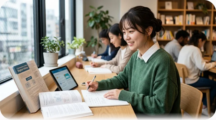 机で英単語をノートに書き込みながら辞書を引いている東アジア系の女性学習者