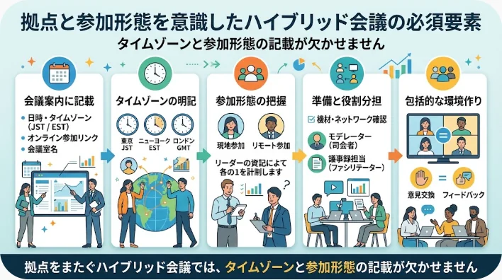 会議室でタブレットにメモを取る東アジア系の男性と、壁掛けディスプレイに映るオンライン参加者たち