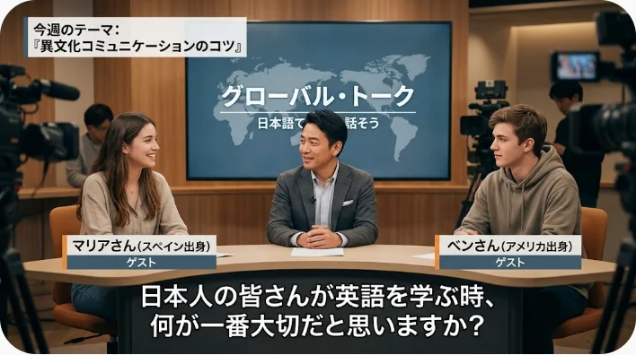 テレビ司会者や俳優について英語で会話練習をする日本人学習者とクラスメート