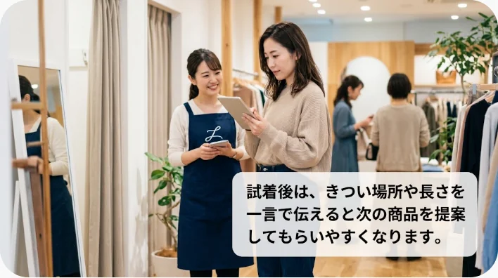 試着室の鏡の前でジャケットを着て別のサイズを店員から受け取る東アジア系の成人客