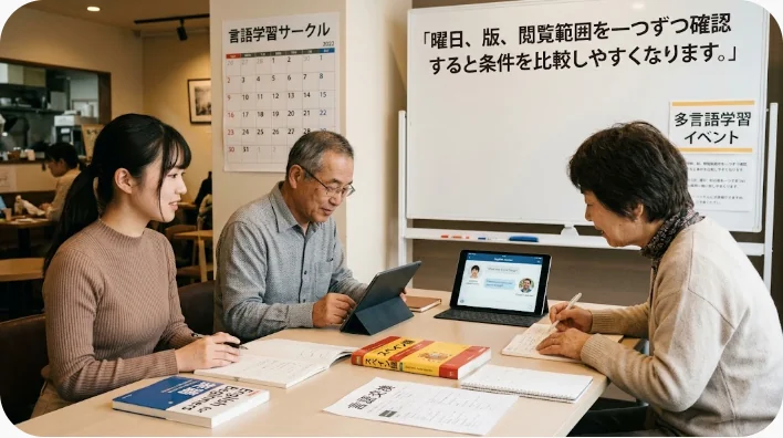 新聞の購読窓口で学習者が担当者に配達プランを尋ねている画像