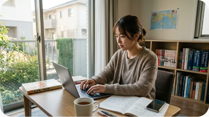 イギリスの検眼担当者が日本人学習者の検査用レンズを交換する視力検査場面