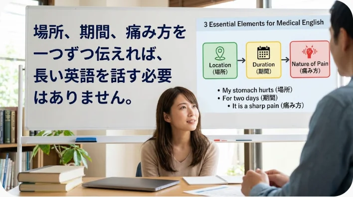 歯科診察室で患者が右下の顎を示しながら歯科医師へ症状を伝えている様子