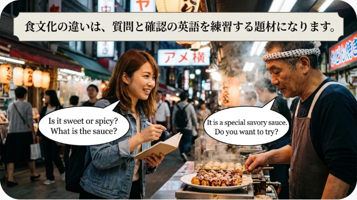 日本人の英語学習者が多様な英語話者とティールームで会話練習をしている場面