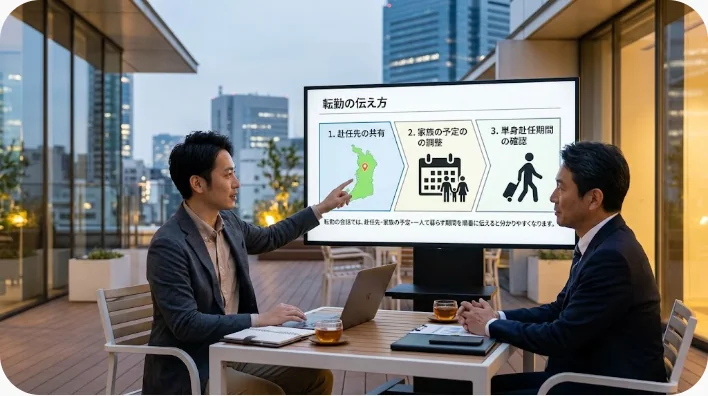 日本人の英語学習者が多様な文化的背景を持つ同僚と引っ越しや住み方について話す場面