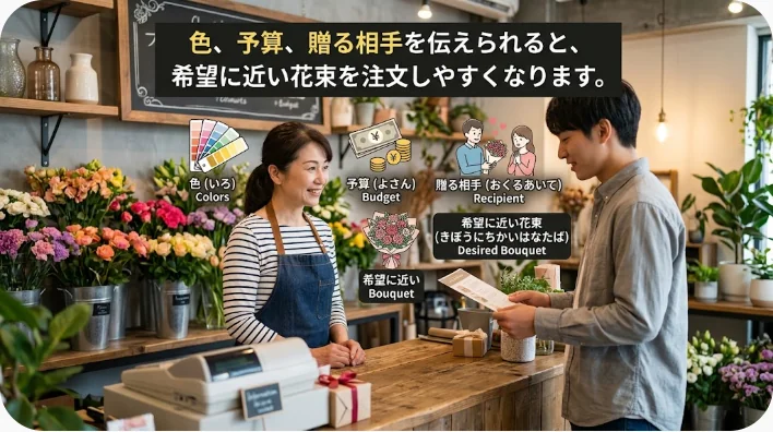花屋で東アジア系の成人学習者が店員とカーネーションを見ながら英語で話している様子