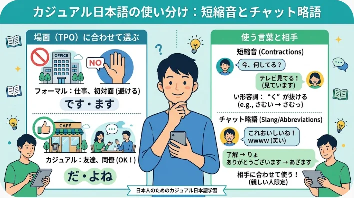 カフェで英語の会話とスマートフォンのチャットを楽しむ学習者と友人