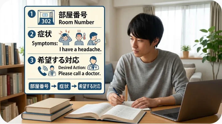 旅行者がホテルのフロントスタッフへエアコンの不具合を説明している画像