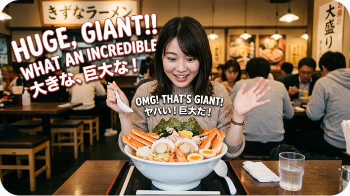 巨大なパフェと何段にも重なったパンケーキを見て驚く英語学習者と友人たち