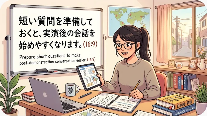 羊の毛刈り実演後に日本人旅行者が農場ガイドへ英語で質問している場面
