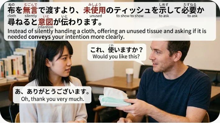 イギリスのカフェで日本人学習者がくしゃみをした相手に未使用のティッシュを差し出す場面